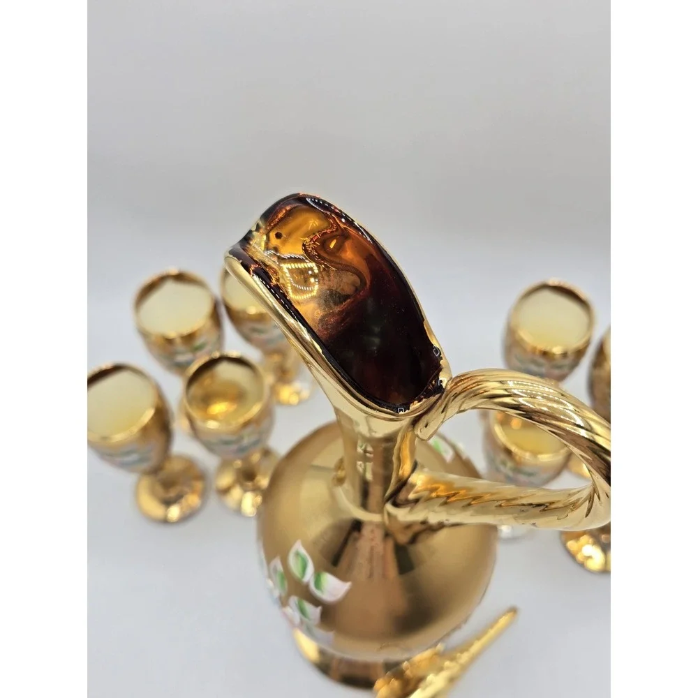Vintage‎ Italian Venetian Gilt Glass Liquor Decanter Set Enamel Cordial Glasses